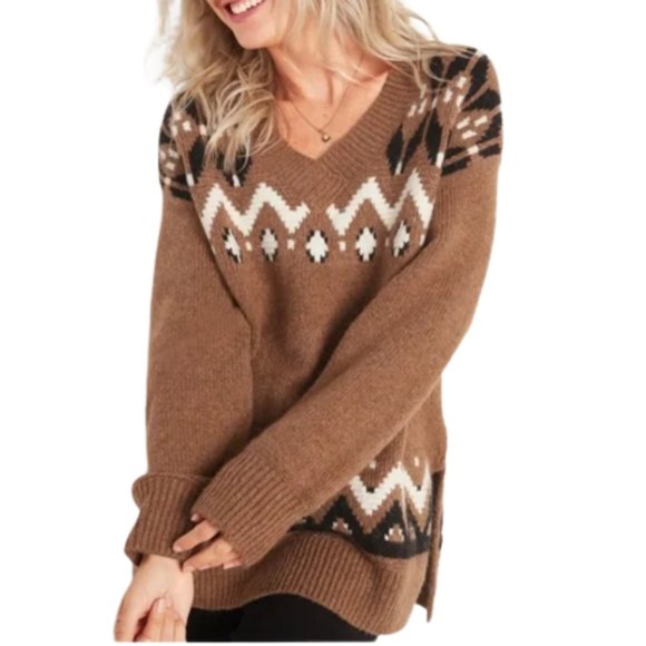 Old Navy Sweaters - Old Navy Slouchy Fair Isle V-Neck Tunic Knit Sweater Sz 2X Plus Western Brown
